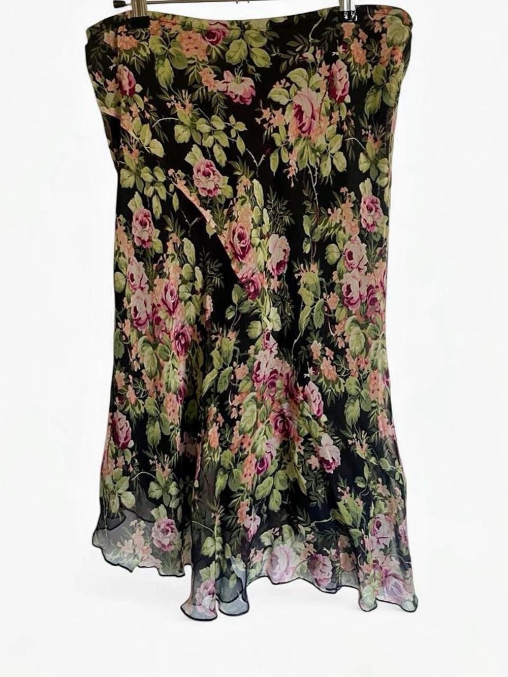 Vintage Y2K Allison Taylor 100% Silk Pink Floral Chiffon Midi Skirt Size L - Picture 4 of 4